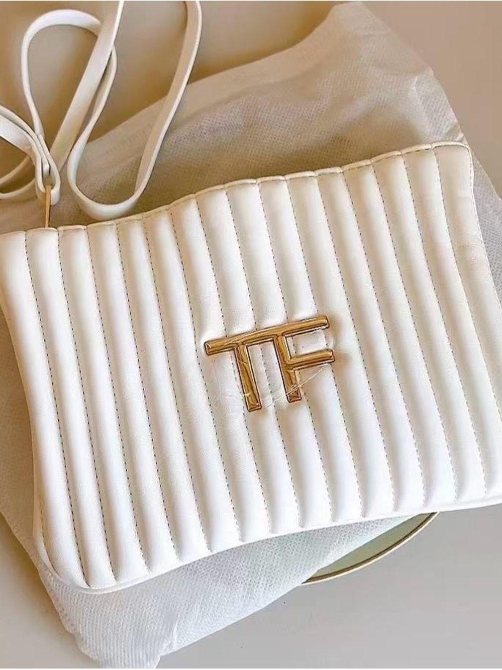 Tom Ford Beauty White Soft Quilted Bag with Gold TF Logo